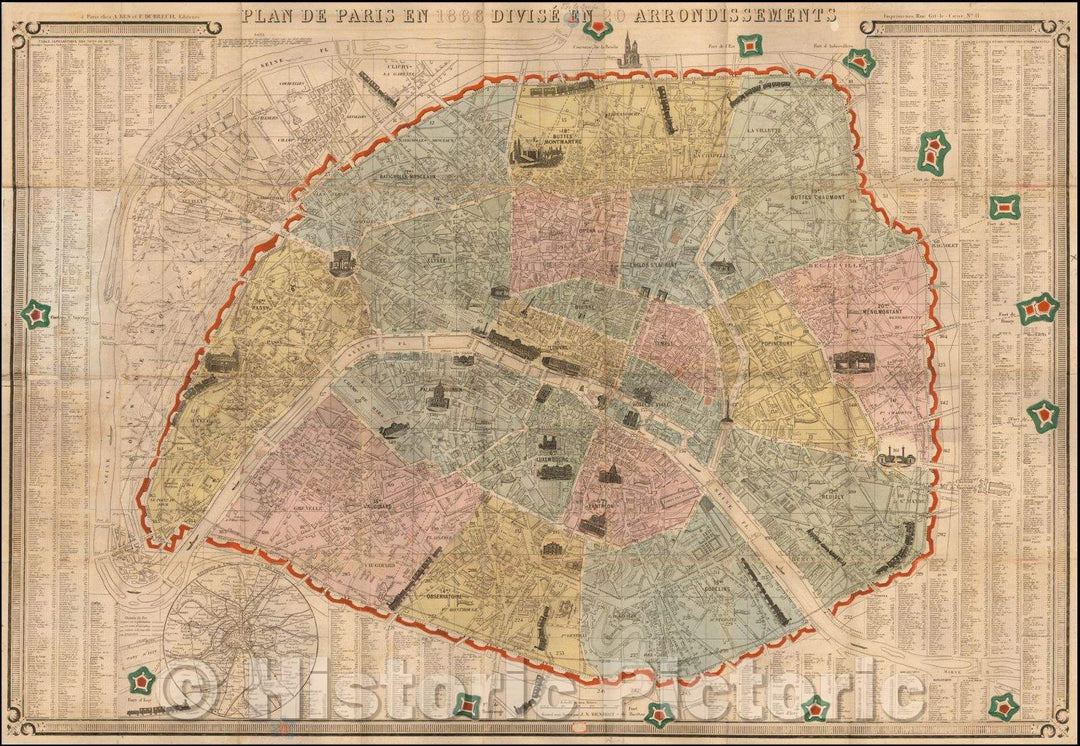 Historic Map - Plan De Paris en 1865 Divise En 20 Arrondiss/Map of Paris, vignettes for Train Lines and a number of major monuents, 1866 - Vintage Wall Art