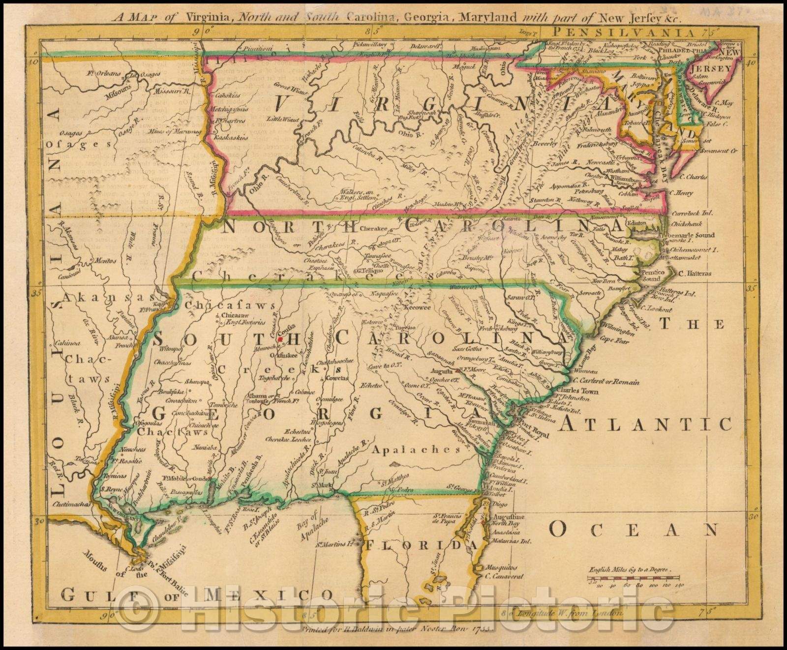 Historic Map - A Map of Virginia, North and South Carolina, Georgia, Maryland with part of New Jersey, 1755, London Magazine - Vintage Wall Art