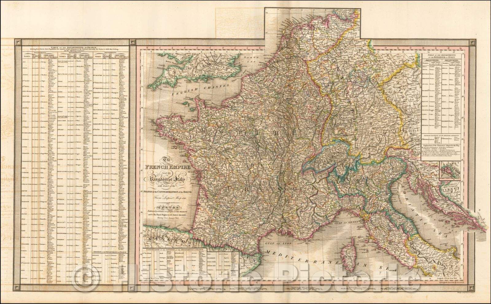 Historic Map - The French Empire and the Kingdom of Italy with Part of the States of the Confederation of the Rhine From Lapie's Map, 1813, William Faden v2