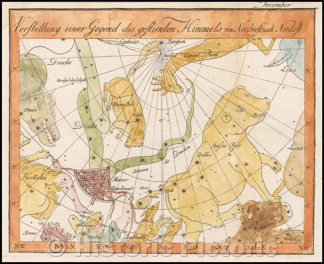 Historic Map - (December) Vorstellung einer Gegend des gestirnten Himmels von Norwest/Star Chart showing the constellations visible in the December sky, 1805 - Vintage Wall Art