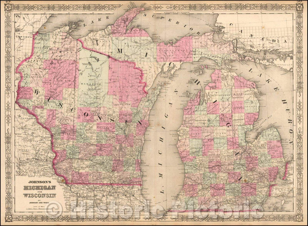 Historic Map - Johnson's Michigan and Wisconsin, 1863, Benjamin P Ward - Vintage Wall Art