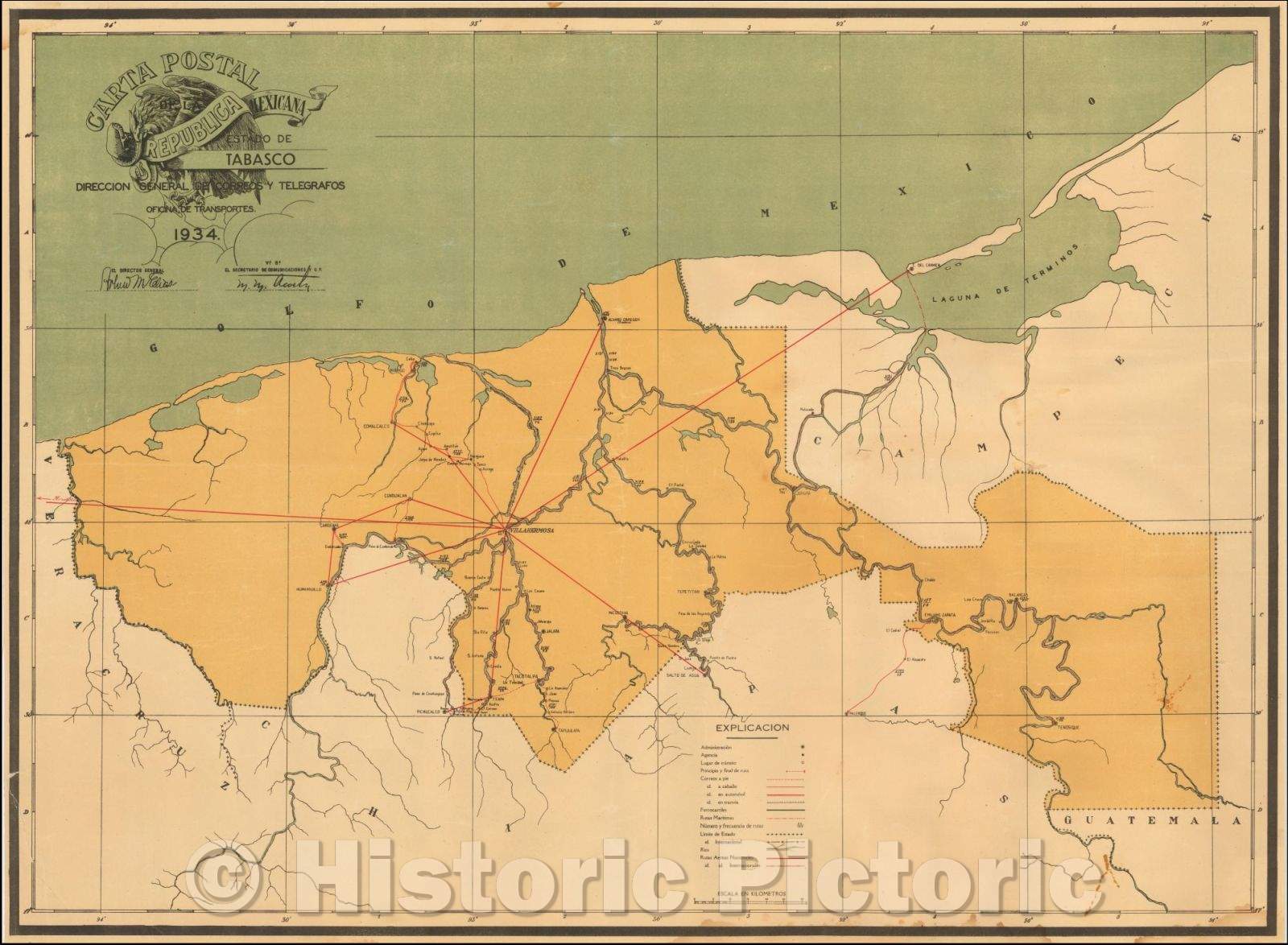 Historic Map - Carta Postal de la Republica Mexicana Estado de Tabasco/Postal letter of the Mexican Republic State of Tabasco. 1934, 1934 - Vintage Wall Art