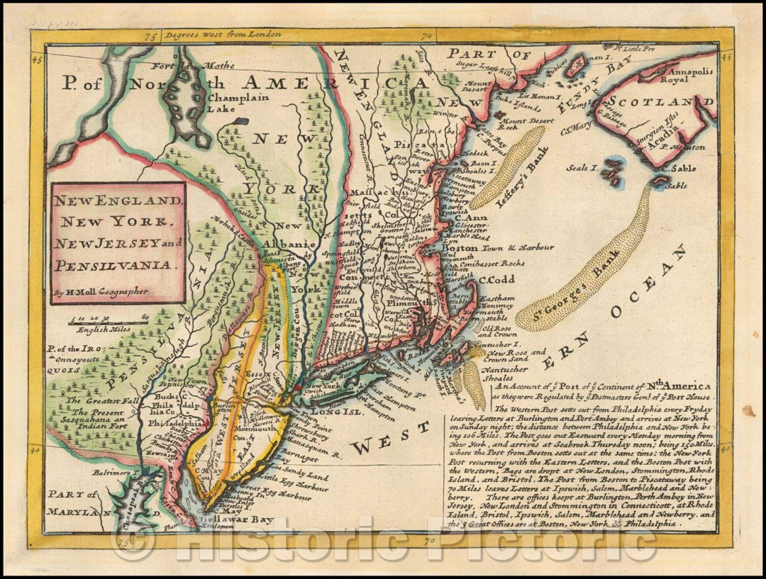 Historic Map - New England, New York, New Jersey and Pensilvania (First map to show American post roads), 1729, Herman Moll v2