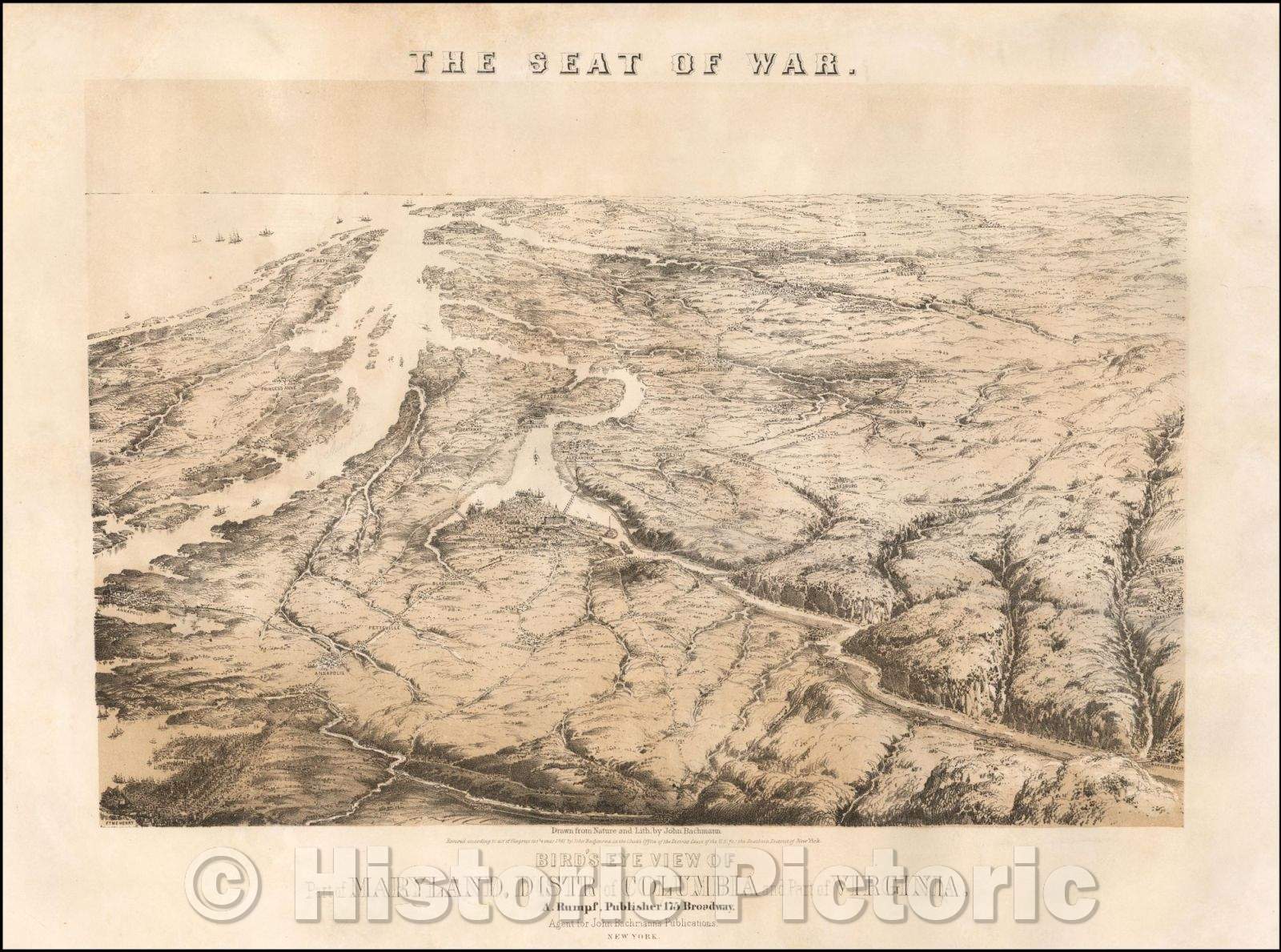 Historic Map - The Seat of War. Bird's Eye View of Part of Maryland, Distr of Columbia and Part of Virginia, 1861, John Bachmann - Vintage Wall Art