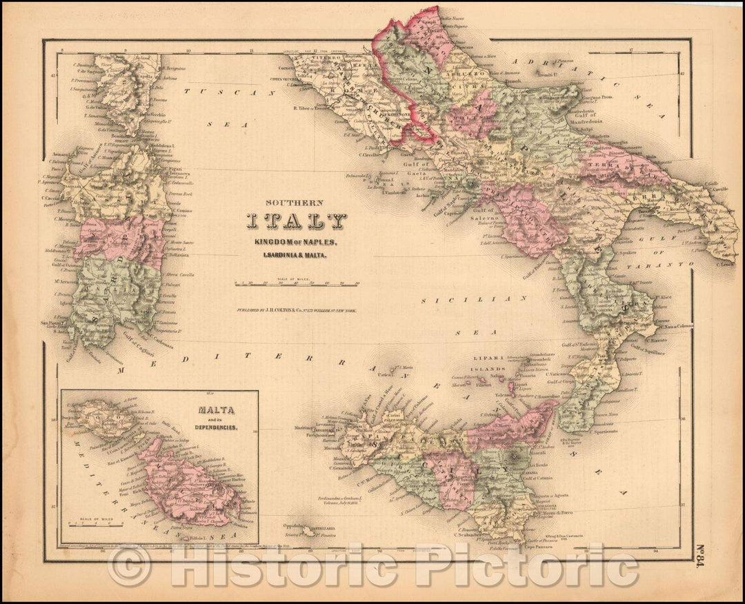 Historic Map - Colton's Southern Italy Kingdom of Naples, I Sardinia & Malta, 1858, Joseph Hutchins Colton - Vintage Wall Art