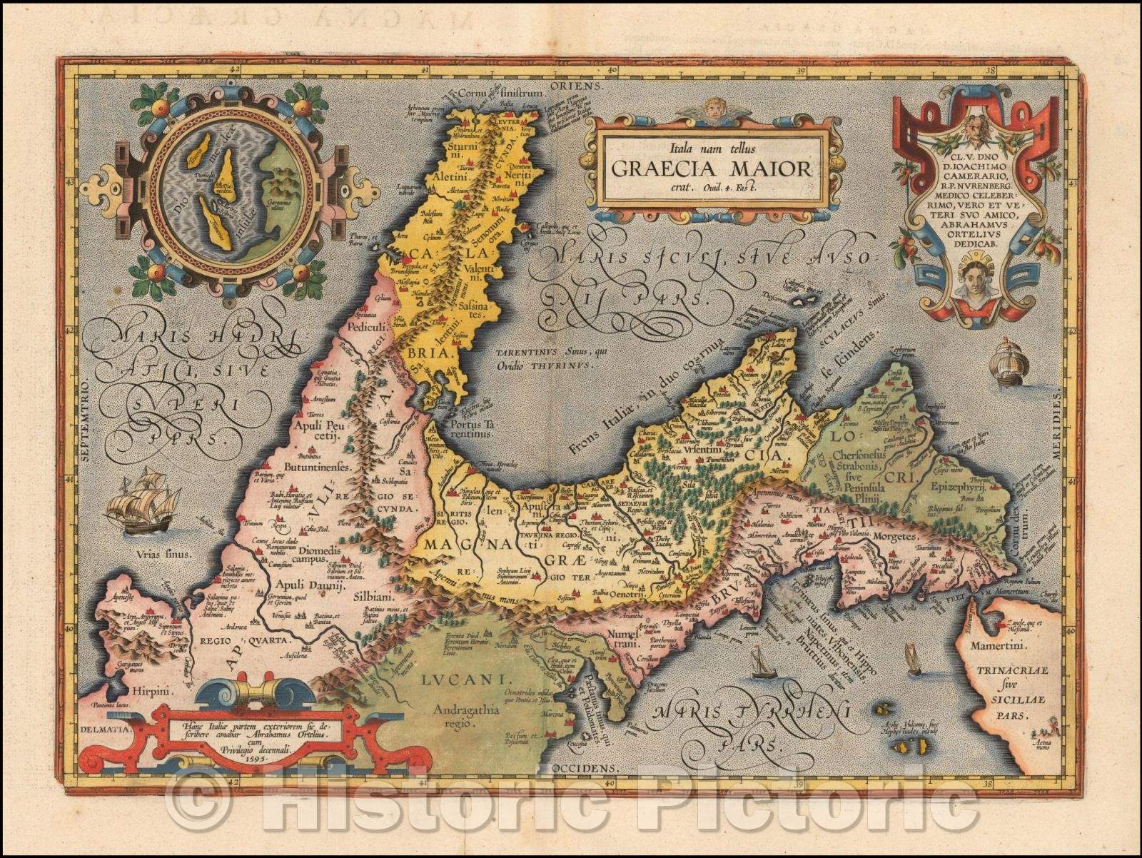 Historic Map - Italia nam tellus Graecia Maior erat/Map of Southern Italy, inset Map of the Island of Tremite, 1624, Abraham Ortelius - Vintage Wall Art