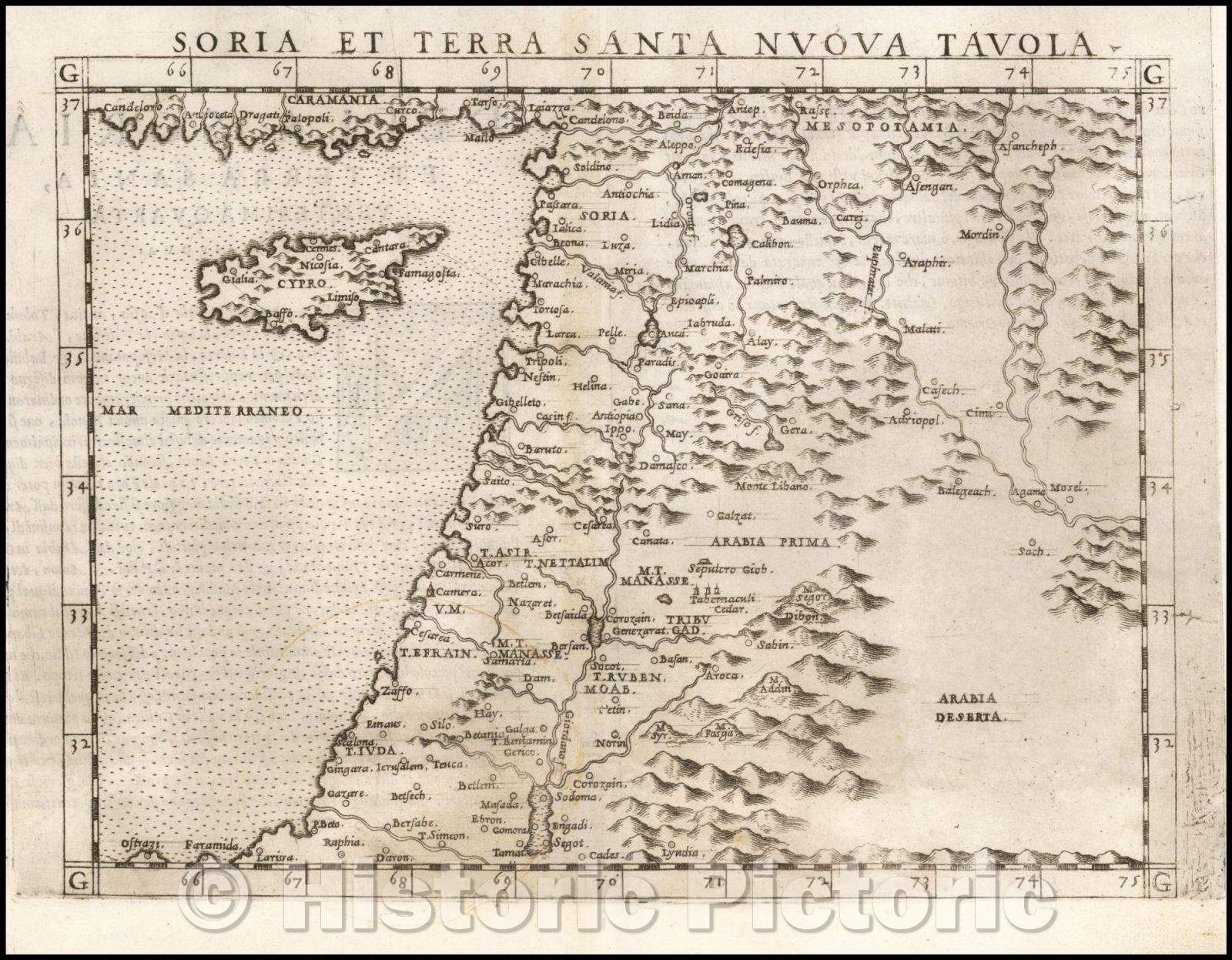 Historic Map - Soria Et Terra Santa Nuova Tavola [includes Cyprus]/Soria Et Holy Land New Table [includes Cyprus], 1561, Girolamo Ruscelli - Vintage Wall Art