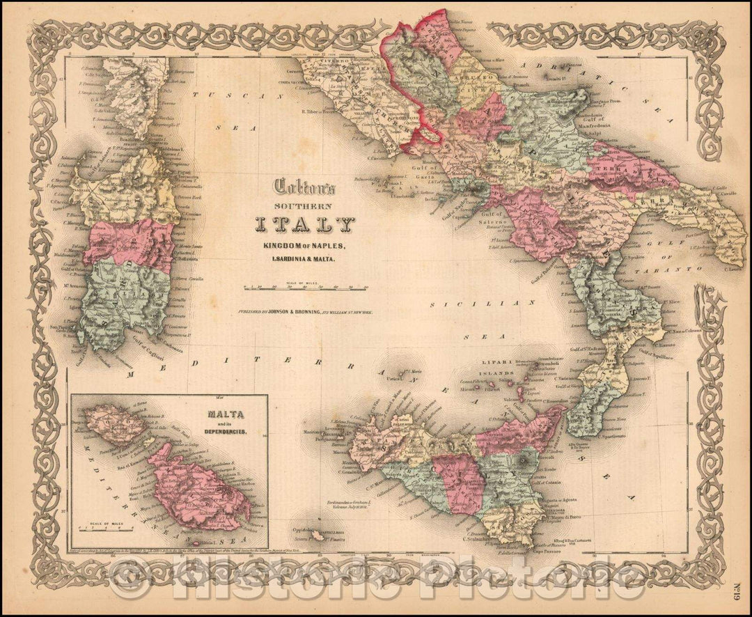 Historic Map - Colton's Southern Italy Kingdom of Naples, I Sardinia & Malta, 1860, Joseph Hutchins Colton - Vintage Wall Art