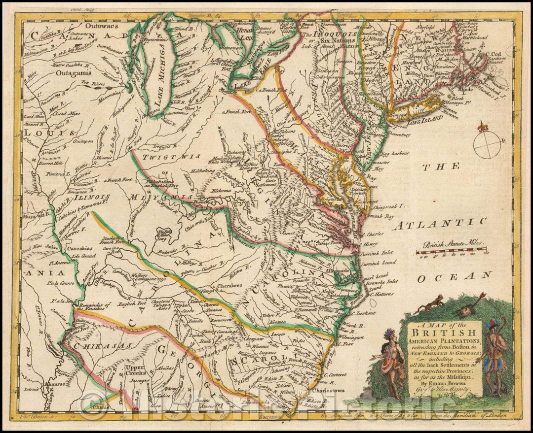 Historic Map - British American Plantations extending from Boston in New England to Georgia; including all the back Settlements in the respective Provin, 1754 - Vintage Wall Art