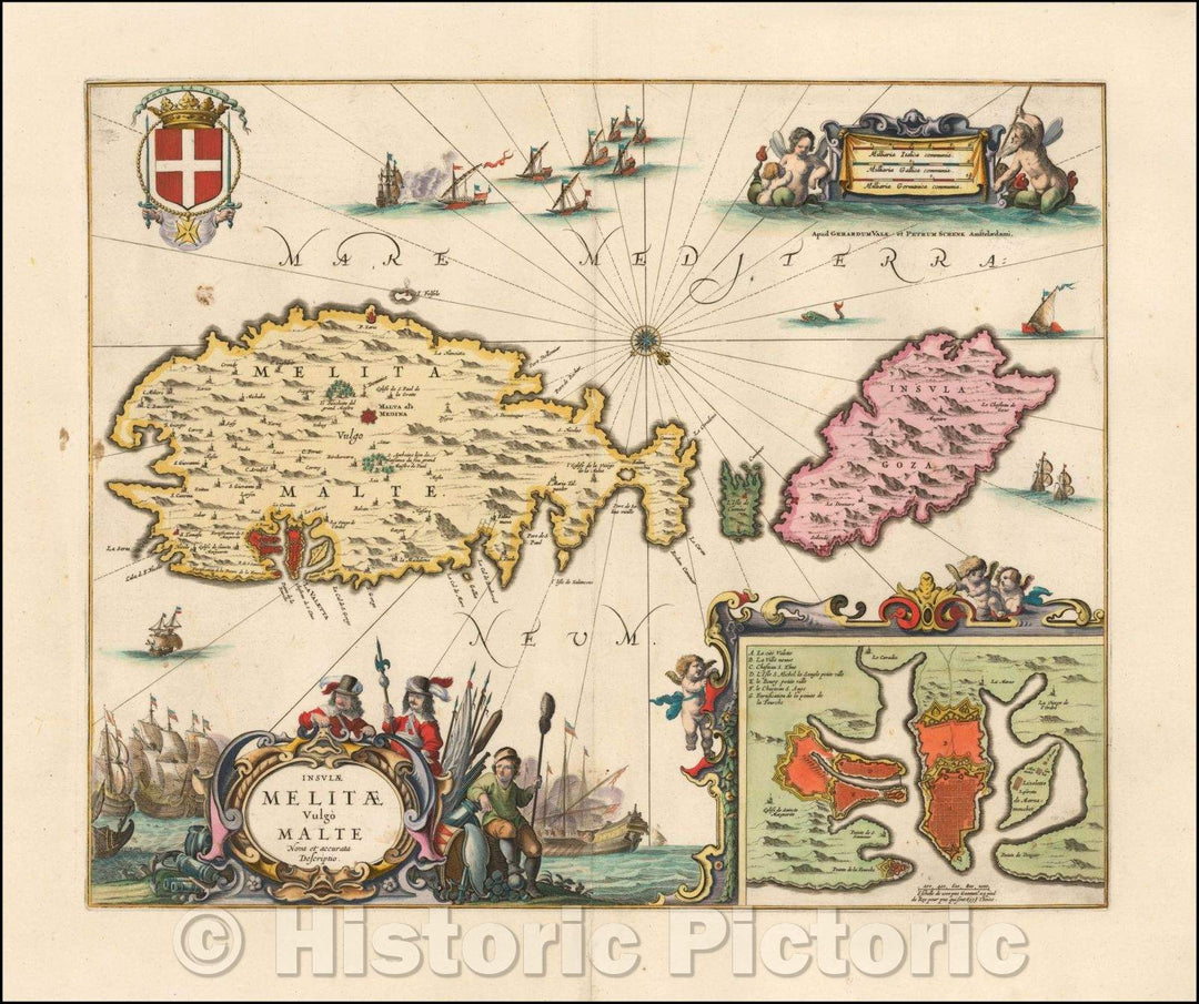 Historic Map - Insulae Melitae vulgo Malte Nova et Accurata Descriptio/New Malta generally Malta and Nova Description, 1692, Peter Schenk - Vintage Wall Art