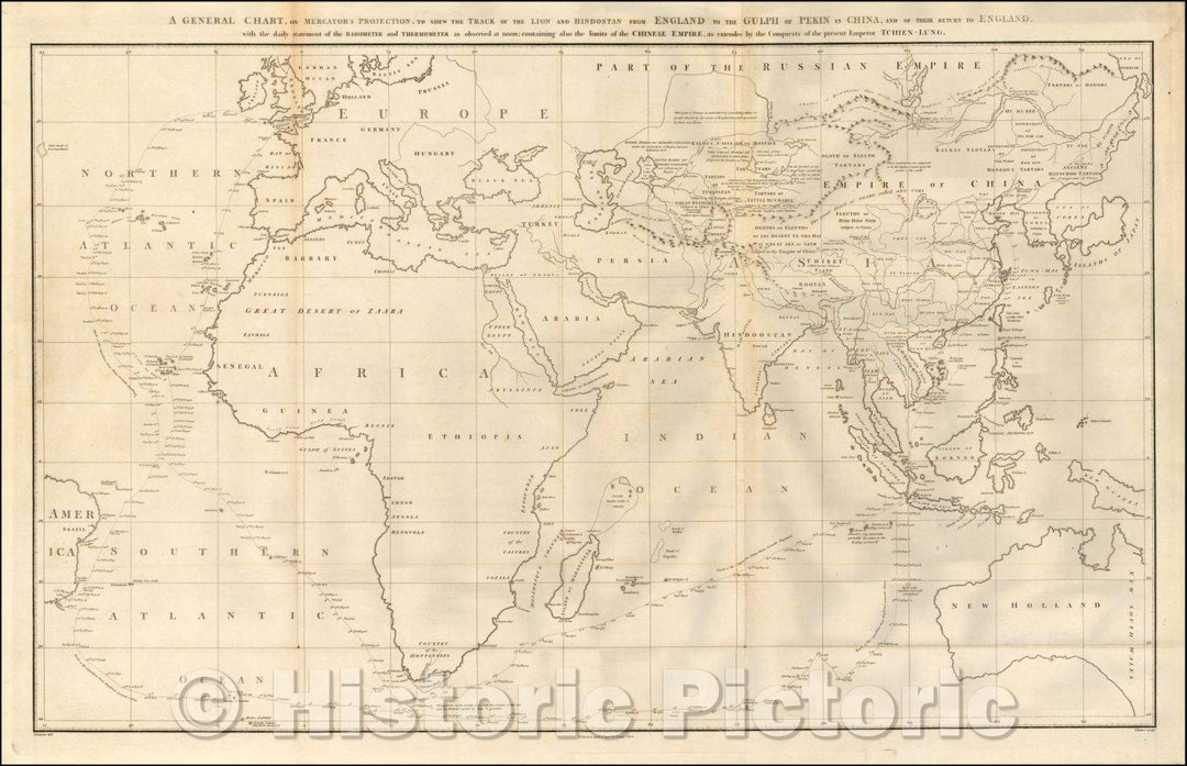 Historic Map - A General Chart on Mercator's Projection, To Shew The Track of the Lion and Hindostan from England to the Gulph of Pekin in China, 1796 - Vintage Wall Art