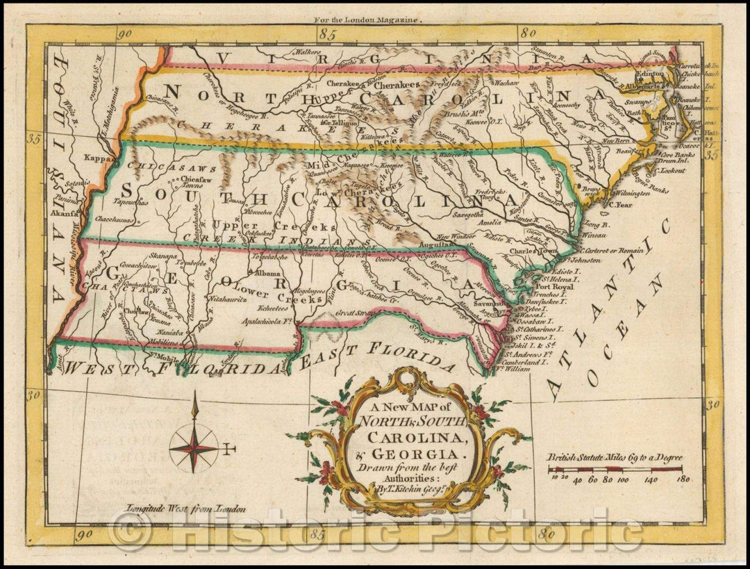 Historic Map - North & South Carolina, Georgia, 1765, London Magazine - Vintage Wall Art