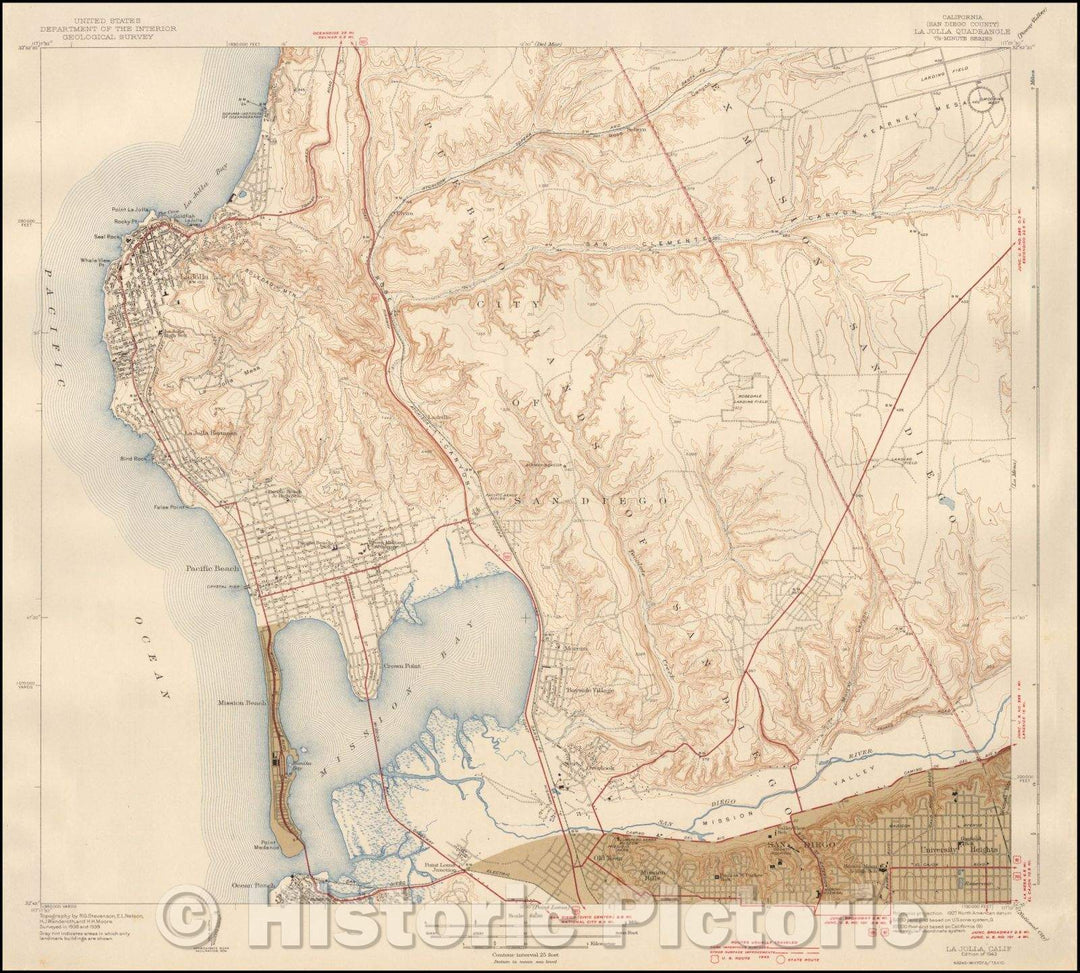 Historic Map - La Jolla Quadrangle 7 1/2-Minute Series, 1943, U.S. Geological Survey - Vintage Wall Art