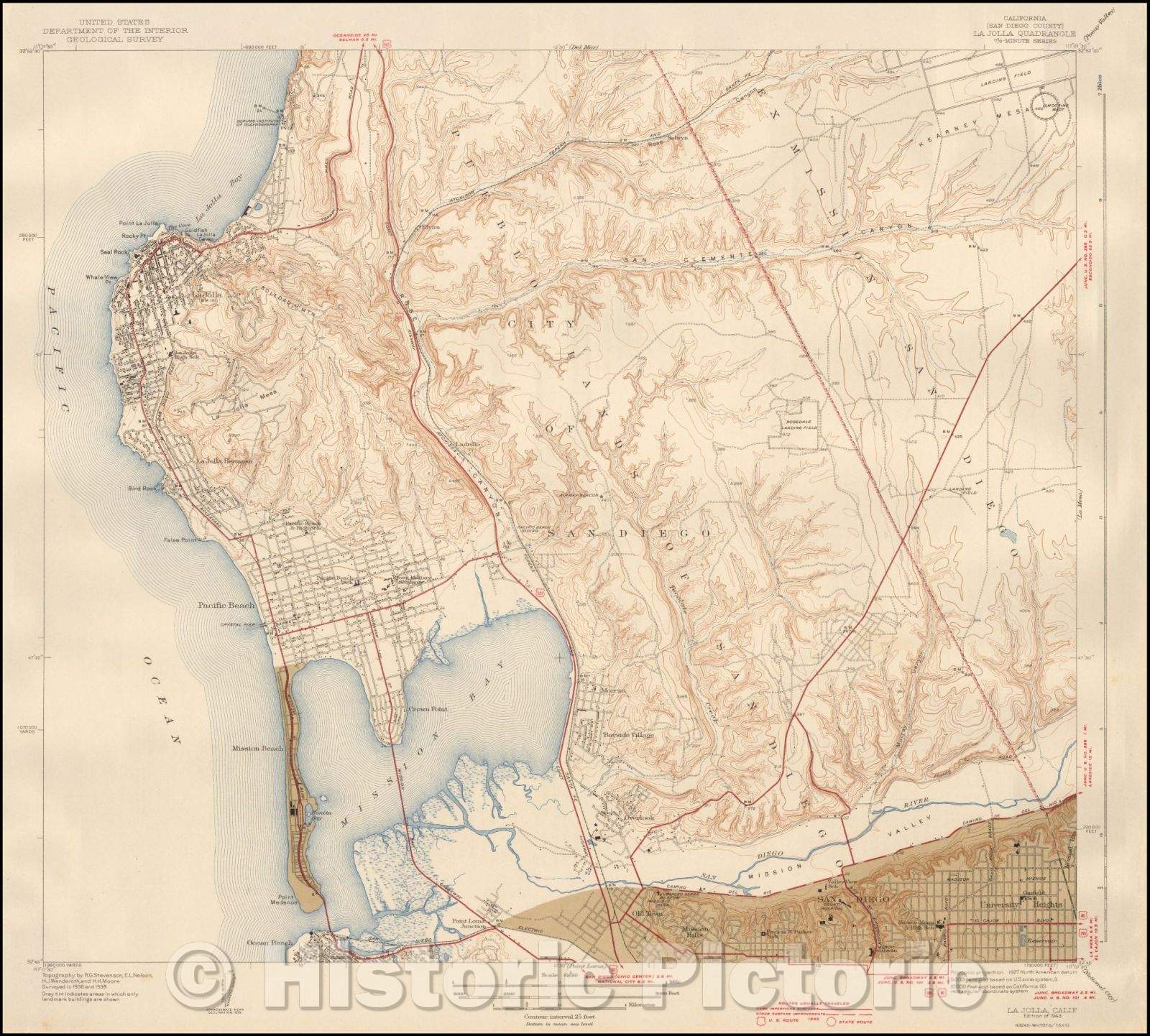 Historic Map - La Jolla Quadrangle 7 1/2-Minute Series, 1943, U.S. Geological Survey - Vintage Wall Art