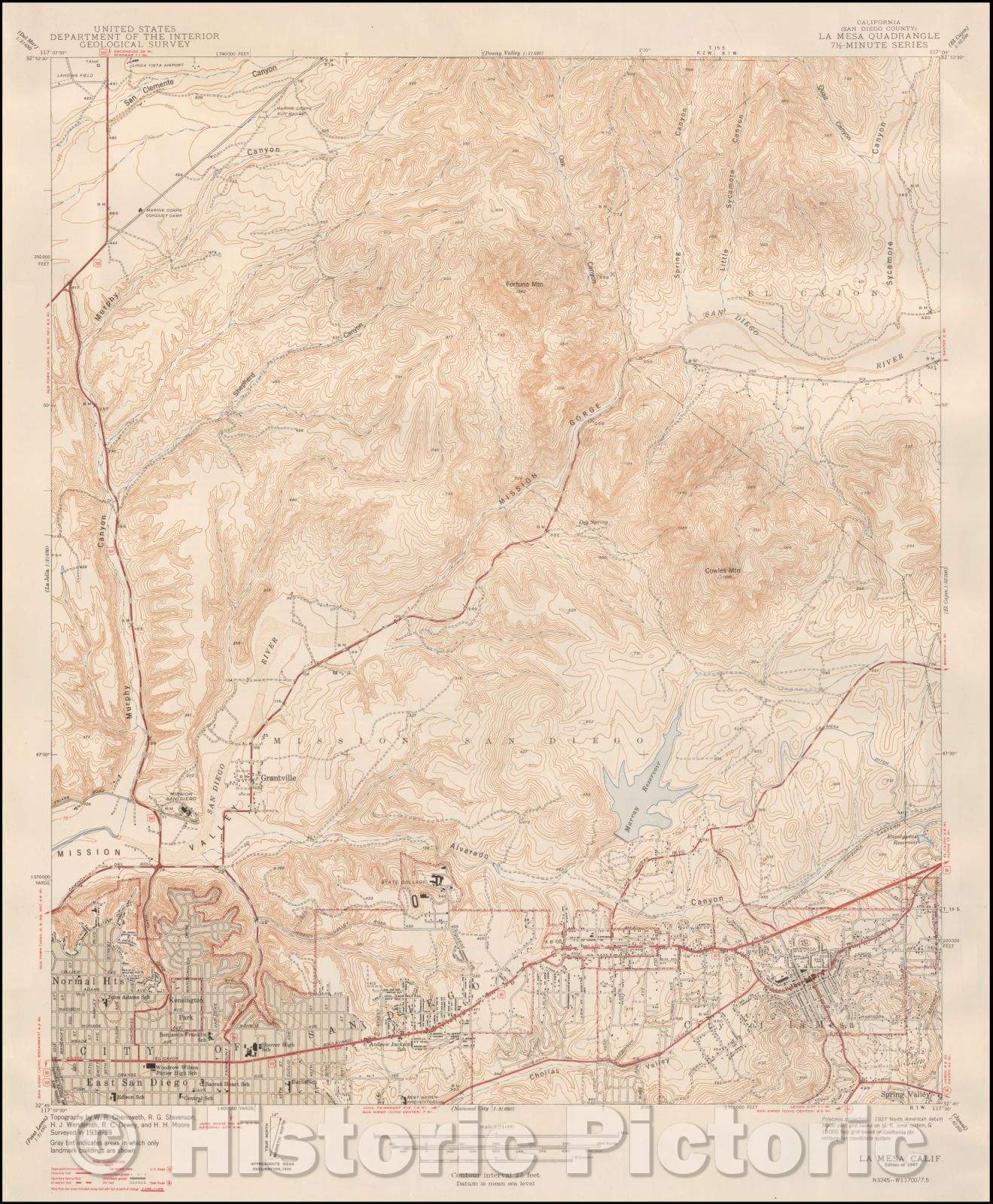 Historic Map - La Mesa Quadrangle 7 1/2-Minute Series, 1947, U.S. Geological Survey - Vintage Wall Art