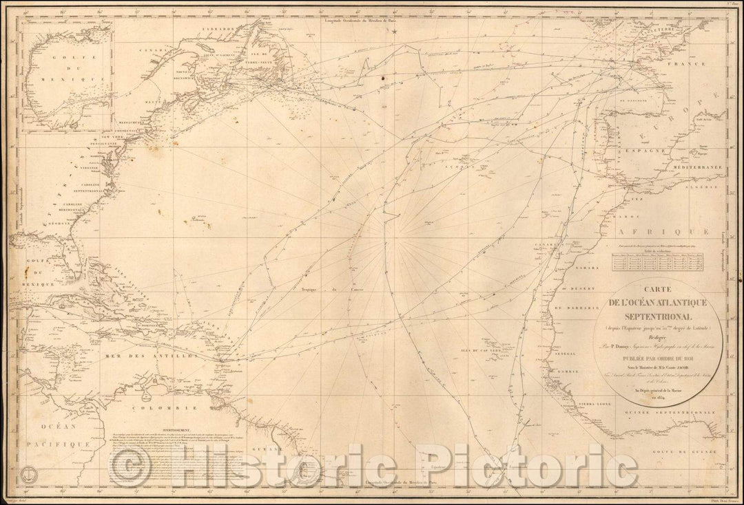 Historic Map - Carte De L'Ocean Atlantique Septentrionale :: Of The North Atlantic Ocean (from Ecuador to 52nd. Degree of Latitude), 1834 - Vintage Wall Art