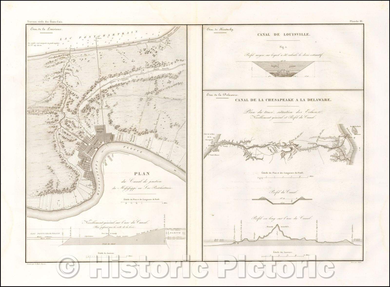 Historic Map - Plan du Canad de jonction du Mississippi au Lac Pontchartrain/Map of Mississippi Canad junction to Lake Pontchartrain, 1834 - Vintage Wall Art