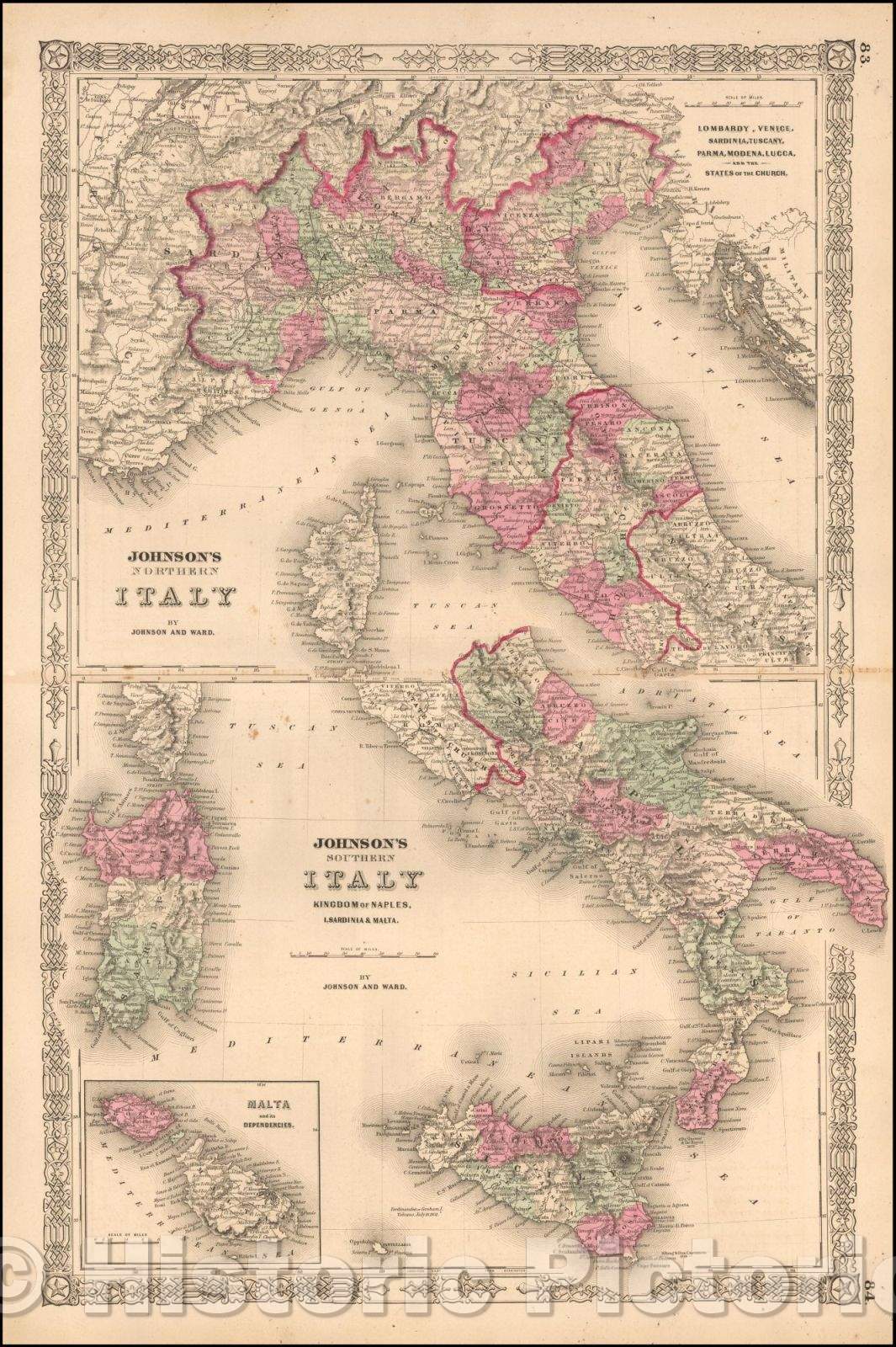 Historic Map - Johnson's Italy. Venetia, Kingdom of Italy, Piedmont and Lombardy, Aemilia Tuscany, the Marches & Umbria, and the States of the Church, 1863 - Vintage Wall Art