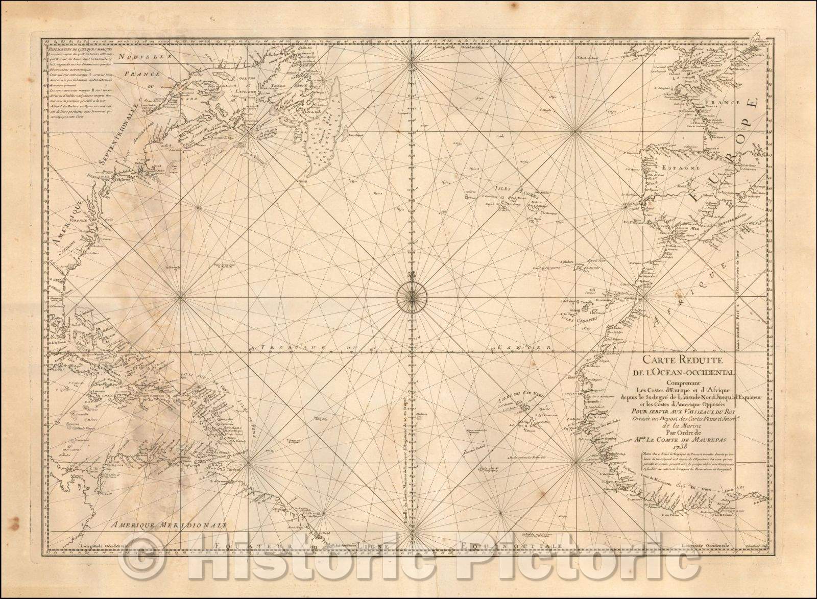 Historic Map - Carte Reduite de L'Ocean-Occidental Comprenant les Cotes d'Europe et d'Afr :: Ocean West Understanding the Odds of Europe and Africa, 1738 - Vintage Wall Art