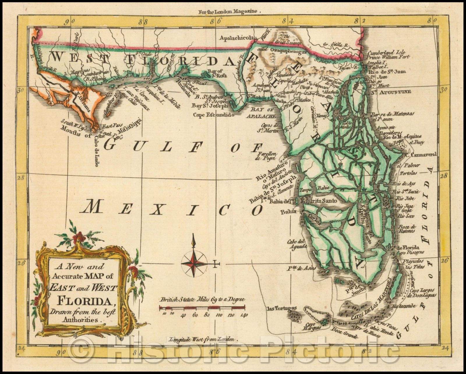 Historic Map - A New and Accurate Map of East and West Florida, 1765, London Magazine - Vintage Wall Art