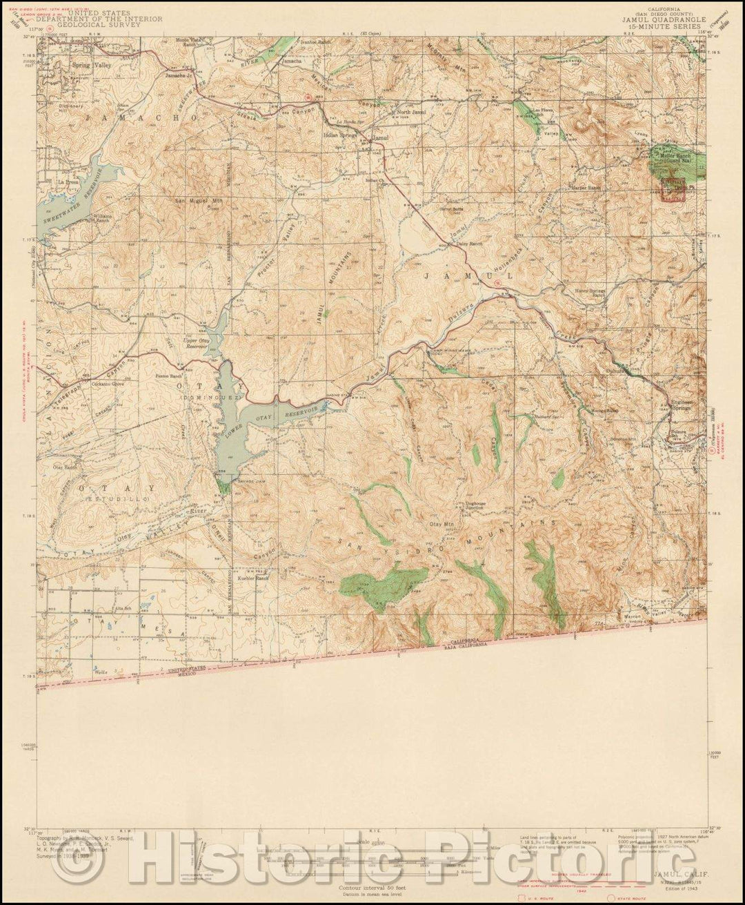 Historic Map - Jamul Quadrangle 7 1/2-Minute Series, 1943, U.S. Geological Survey - Vintage Wall Art