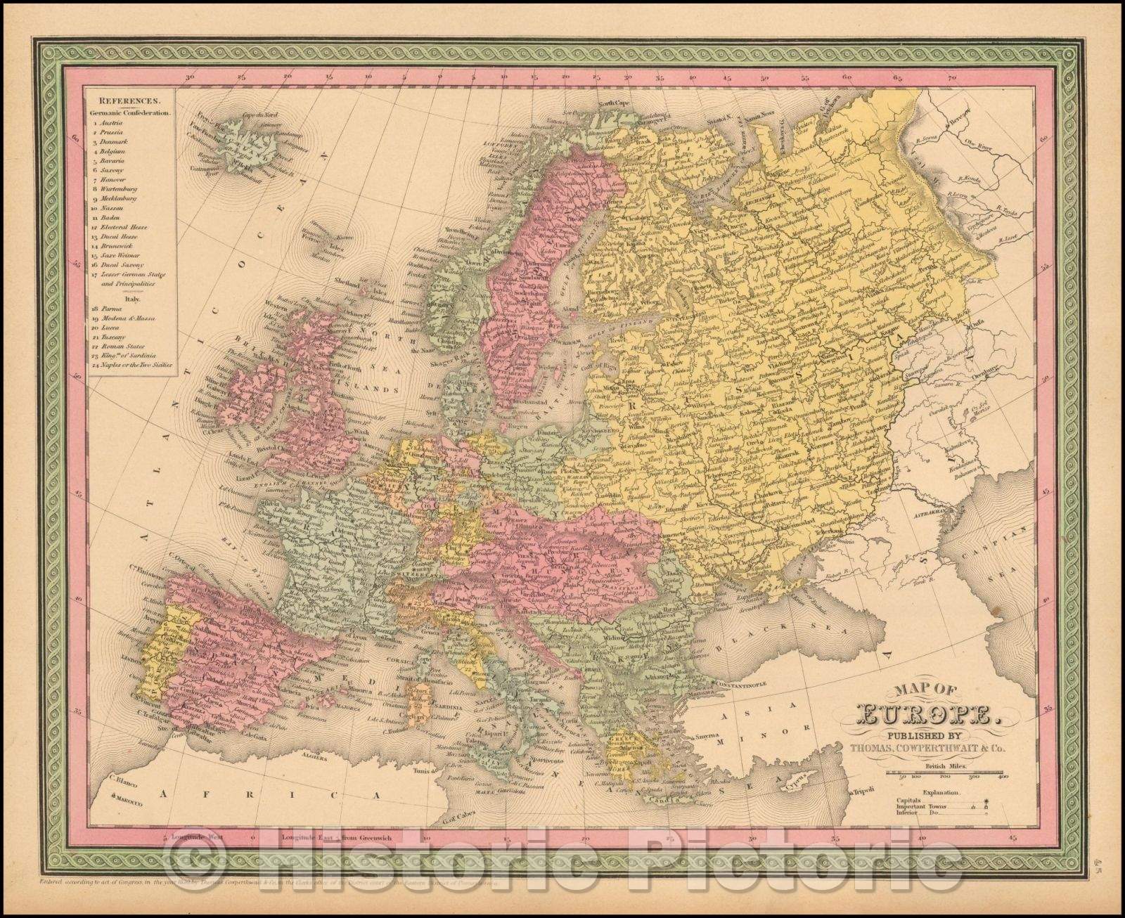 Historic Map - Map of Europe, 1852, Thomas, Cowperthwait & Co. - Vintage Wall Art