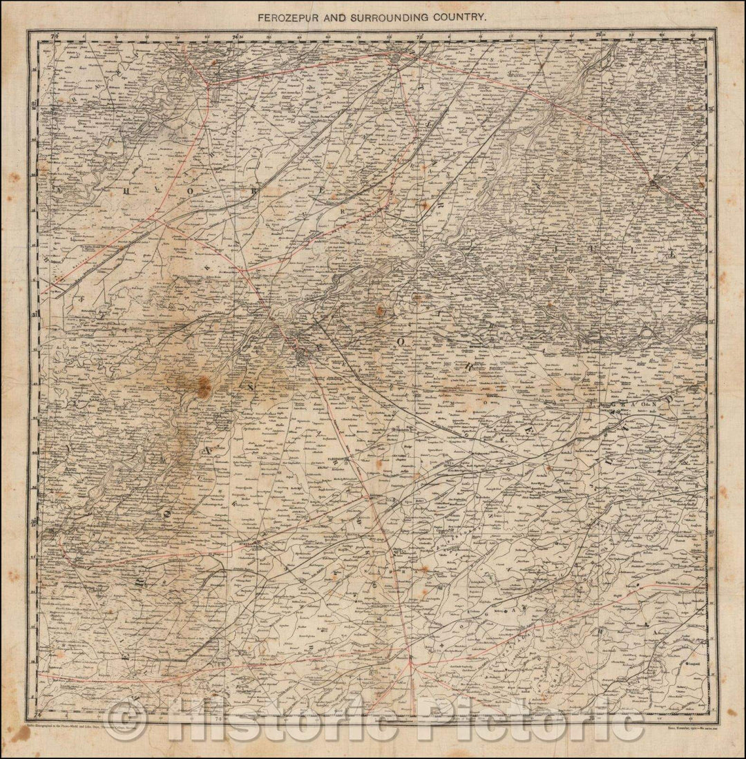 Historic Map - Erozepur and Surrounding Country, 1912, Thomason College, Roorkee - Vintage Wall Art