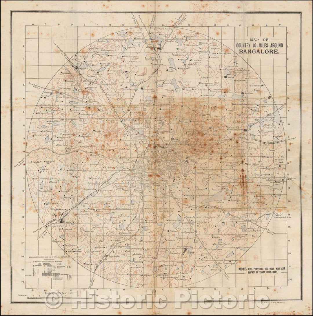 Historic Map - Map of Country 10 Miles Around Bangalore, officially known as Bengaluru, the capital city of the Indian state of Karnataka, 1910, Anonymous - Vintage Wall Art