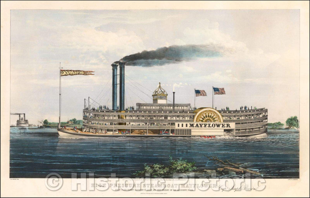 Historic Map - High Pressure Steamboat Mayflower First Class Steam Packet Between St. Louis and New Orleans on the Mississippi River, 1855, Nathaniel Currier - Vintage Wall Art