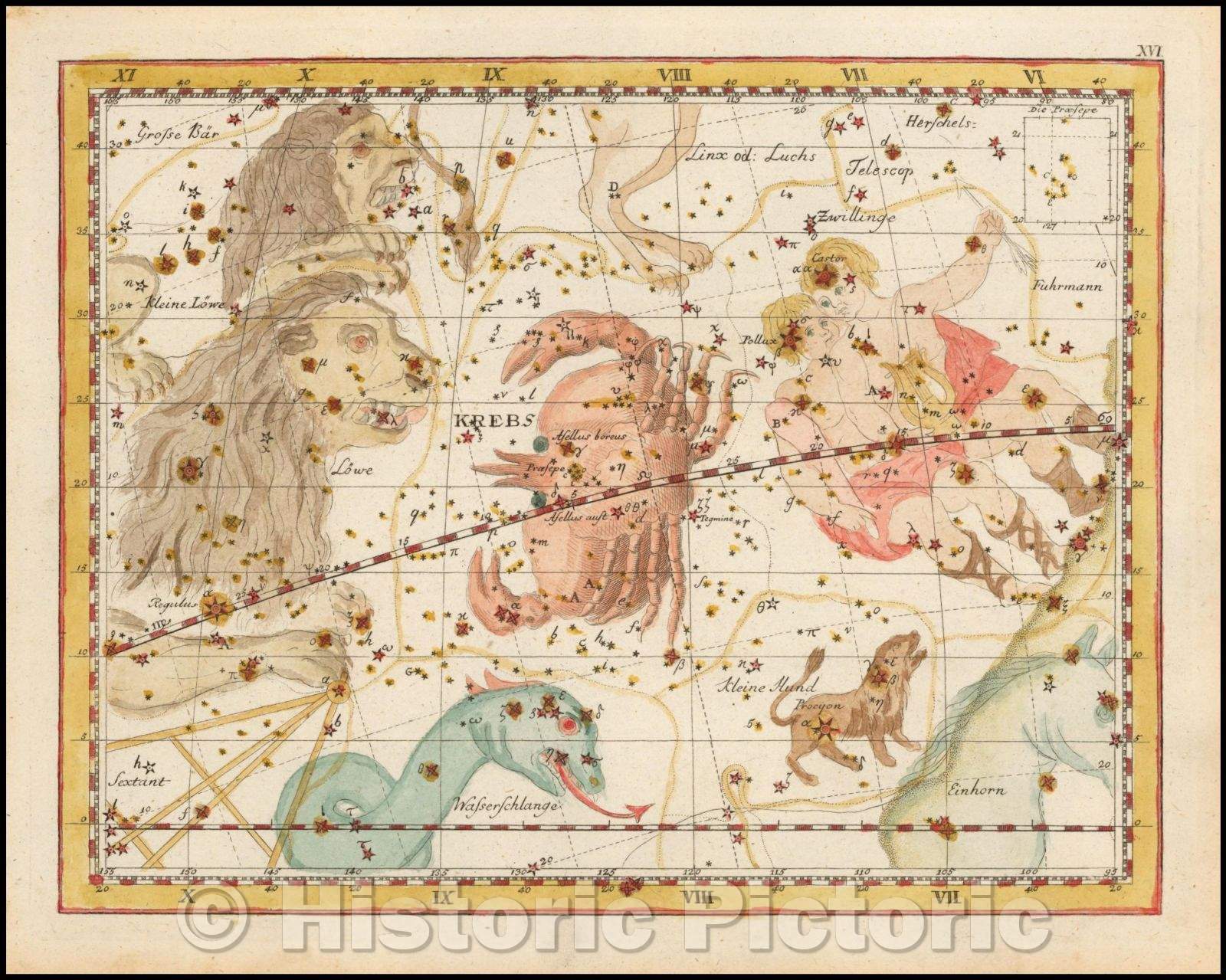 Historic Map - (Cancer) Krebs/Star Chart centered the constellation Cancer and surrounding constellations, published by Johann Elert Bode (1747-1826), 1805 - Vintage Wall Art