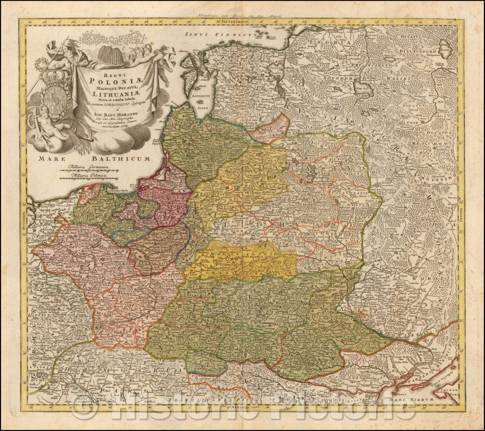 Historic Map - Regni Poloniae Magnique Ducatus Lithuaniae Nova et exacta tabula ad memtem :: Kingdom of great Duchy of Lithuania, Poland, 1739 - Vintage Wall Art