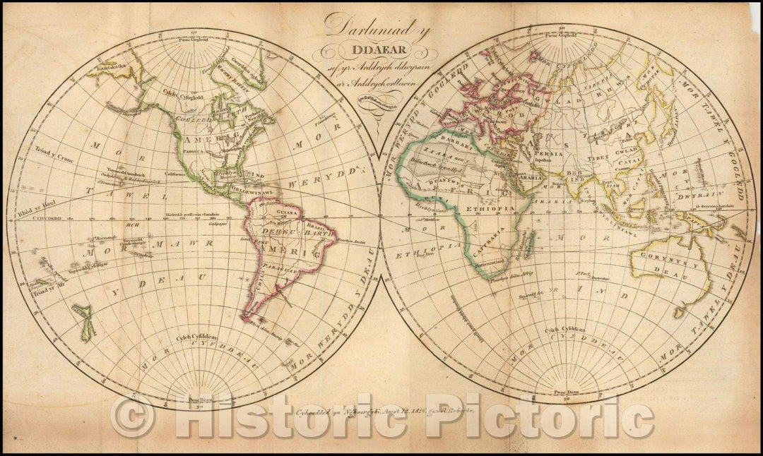 Historic Map - (Welsh-Language Set of World and Continents.) Darluniad y Ddaear/Engraved Maps of the world,Robert Robert's Daearyddiaeth, 1816, V Woodthorpe - Vintage Wall Art