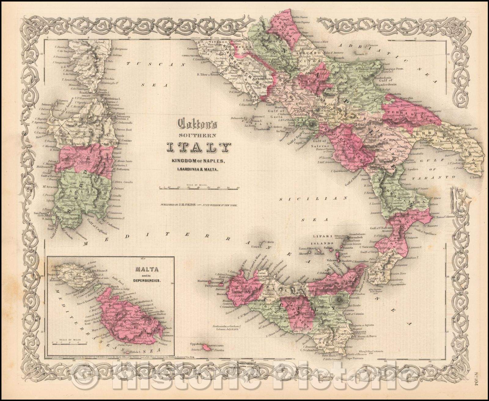 Historic Map - Colton's Southern Italy Kingdom of Naples, I Sardinia & Malta, 1865, Joseph Hutchins Colton - Vintage Wall Art