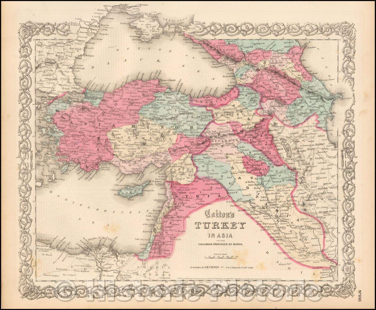 Historic Map - Colton's Turkey in Asia and the Caucasian Provinces of Russia [shows Cyprus], 1865, Joseph Hutchins Colton - Vintage Wall Art