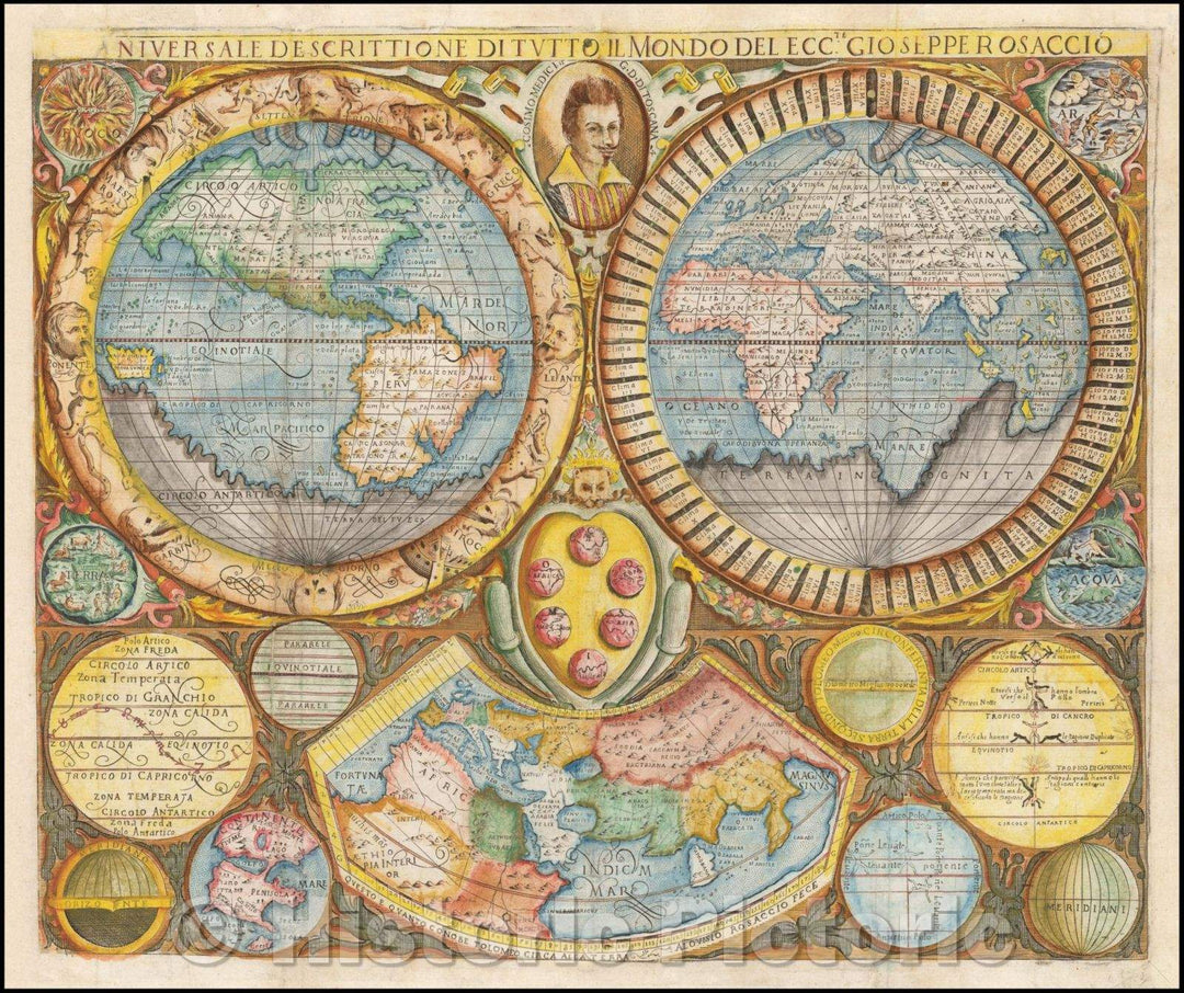 Historic Map - Universale Descrittione Di Tutto Il Mondo Del Eccte. Giuseppe Rosaccio/Map of the World by Giuseppe Rosaccio, 1610, Giuseppe Rosaccio - Vintage Wall Art