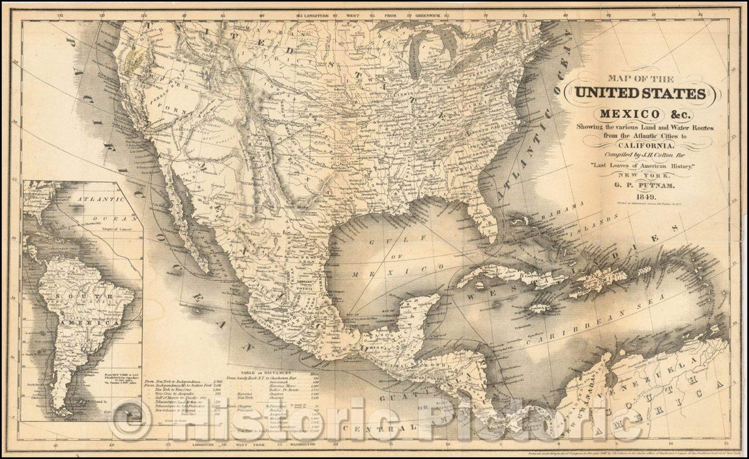 Historic Map - Map of the United States Mexico Showing the various Land and Water Routes from the Atlantic Cities to California, 1849, Joseph Hutchins Colton - Vintage Wall Art