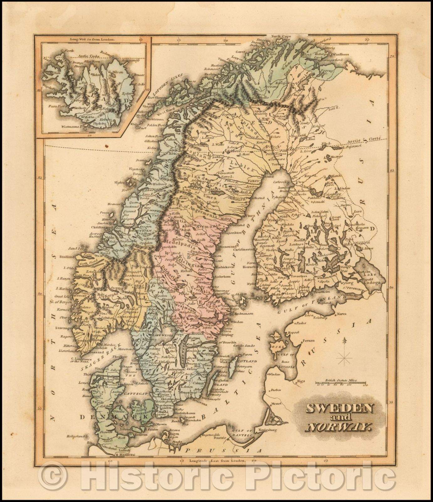 Historic Map - Sweden and Norway (Iceland inset), 1823, Fielding Lucas Jr. v2