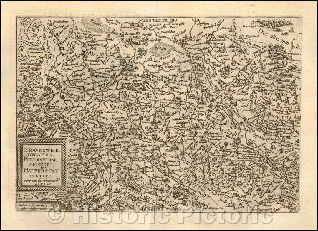 Historic Map - Braunswick Ducatus Hildesheim Episcop & Halberstat Episcop. cum caeteis adiacentibs/Map of the northeastern of Germany, 1593, Matthias Quad - Vintage Wall Art