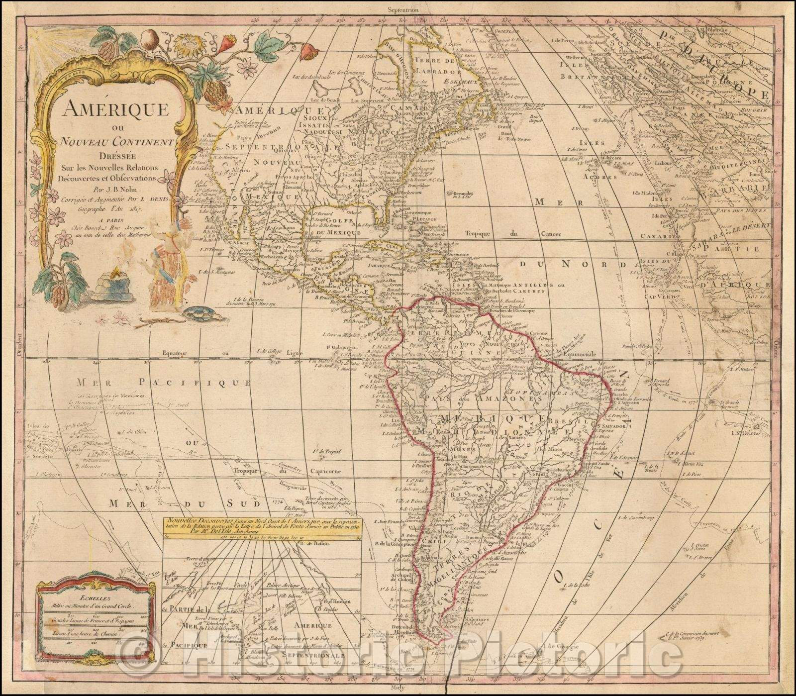 Historic Map - Amerique ou Nouveau Continent Dressee sur les Nouvelles Decouvertes et Observations/Map of America, 1817, Jean-Baptiste Nolin - Vintage Wall Art