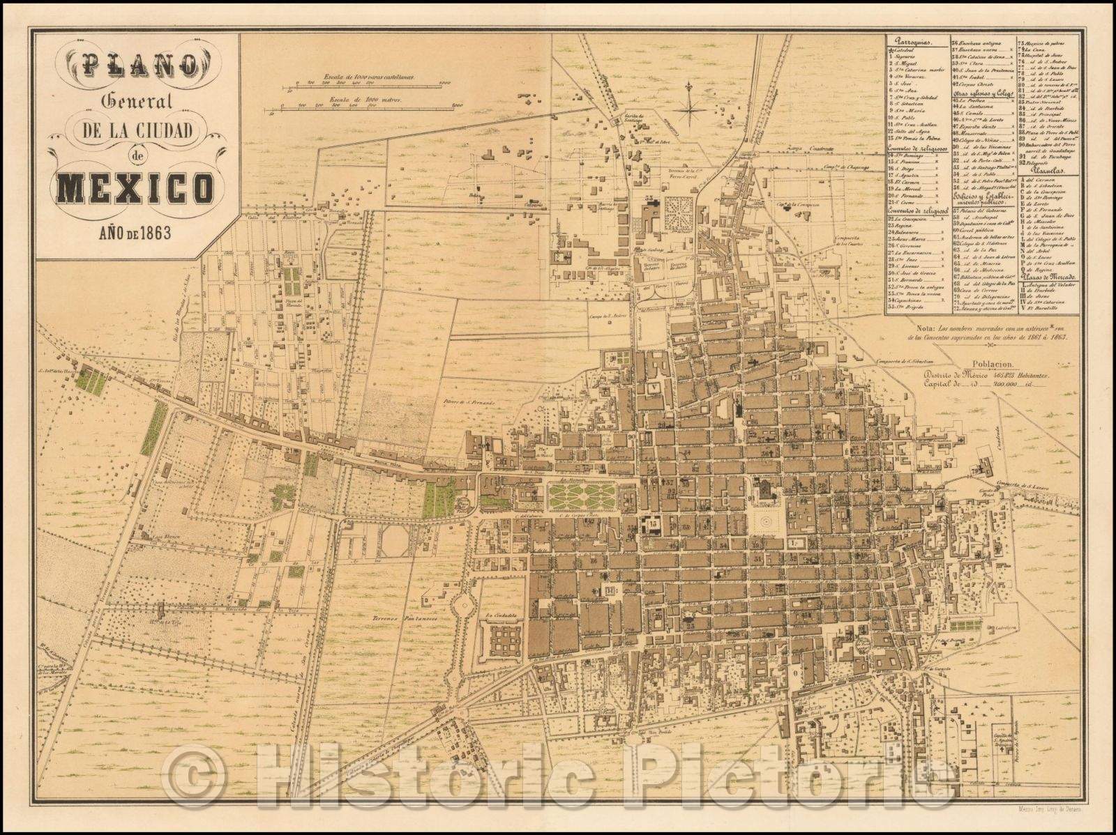 Historic Map - Plano General de la Ciudad de Mexico A? de 1863 / Attractive Plan of Mexico City, with a key locating over 100 points of interest, 1863 - Vintage Wall Art