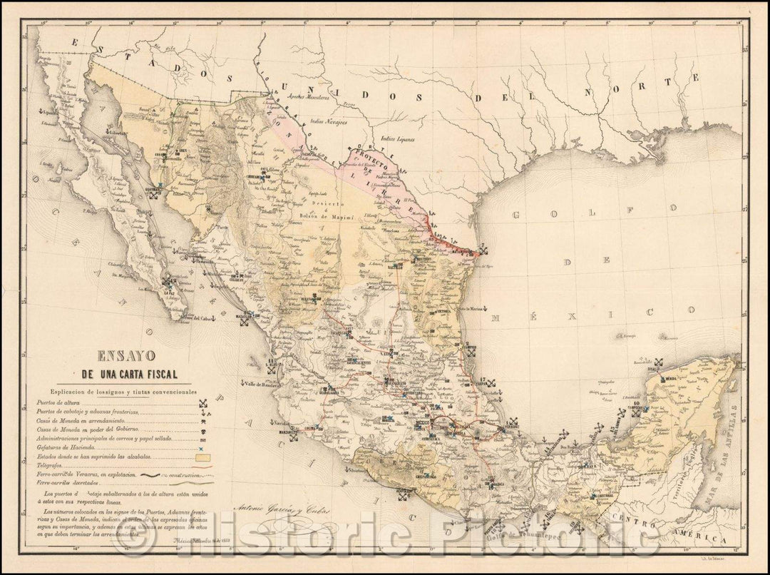 Historic Map - Ensayo de Una Carta Fiscal/First Map to Address The Fiscal Organization of the Republic of Mexico, 1869, Antonio Garcia y Cubas - Vintage Wall Art