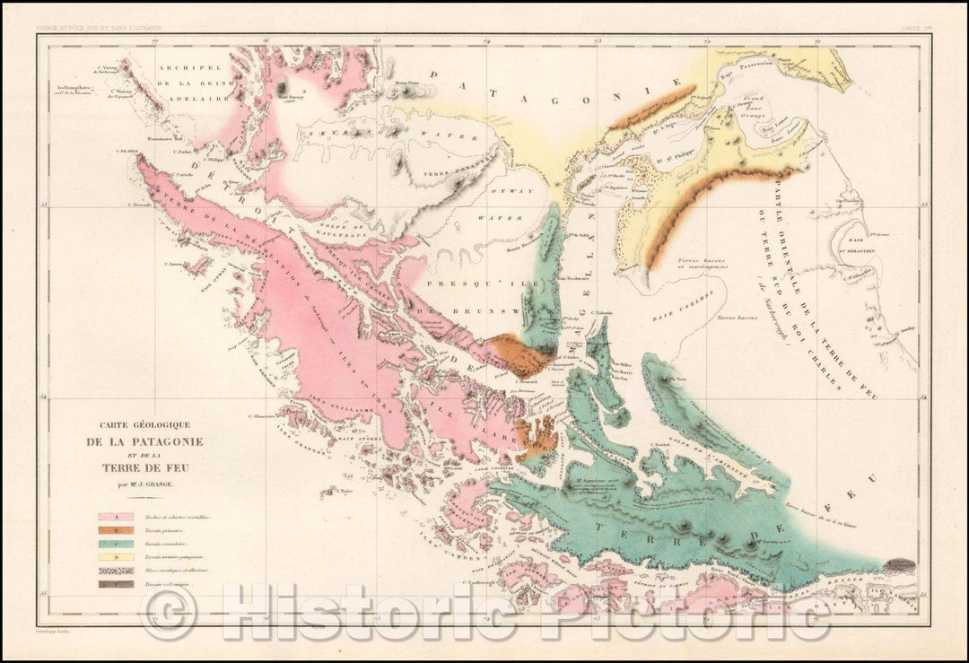 Historic Map - Carte Geologique de la Patagonie et de la Terre de Feu par Mr. J. G :: Geological of the Straits of Magellan, Patagonia and Tierra del Fuego, 1847 - Vintage Wall Art