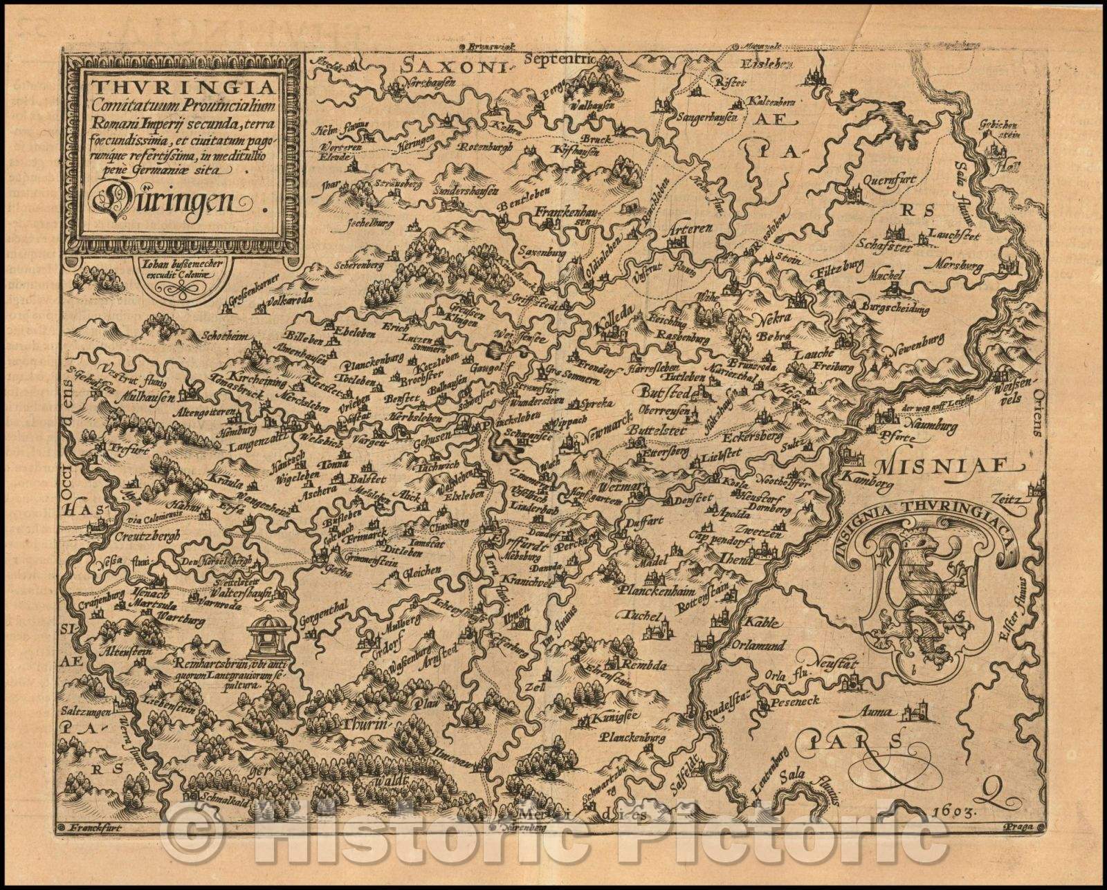 Historic Map - Thuringia Comitatum Provincialium Romani Imperii Secunda, terra foecundissima/Regional Map of Thuringia in Germany, 1592, Matthias Quad - Vintage Wall Art