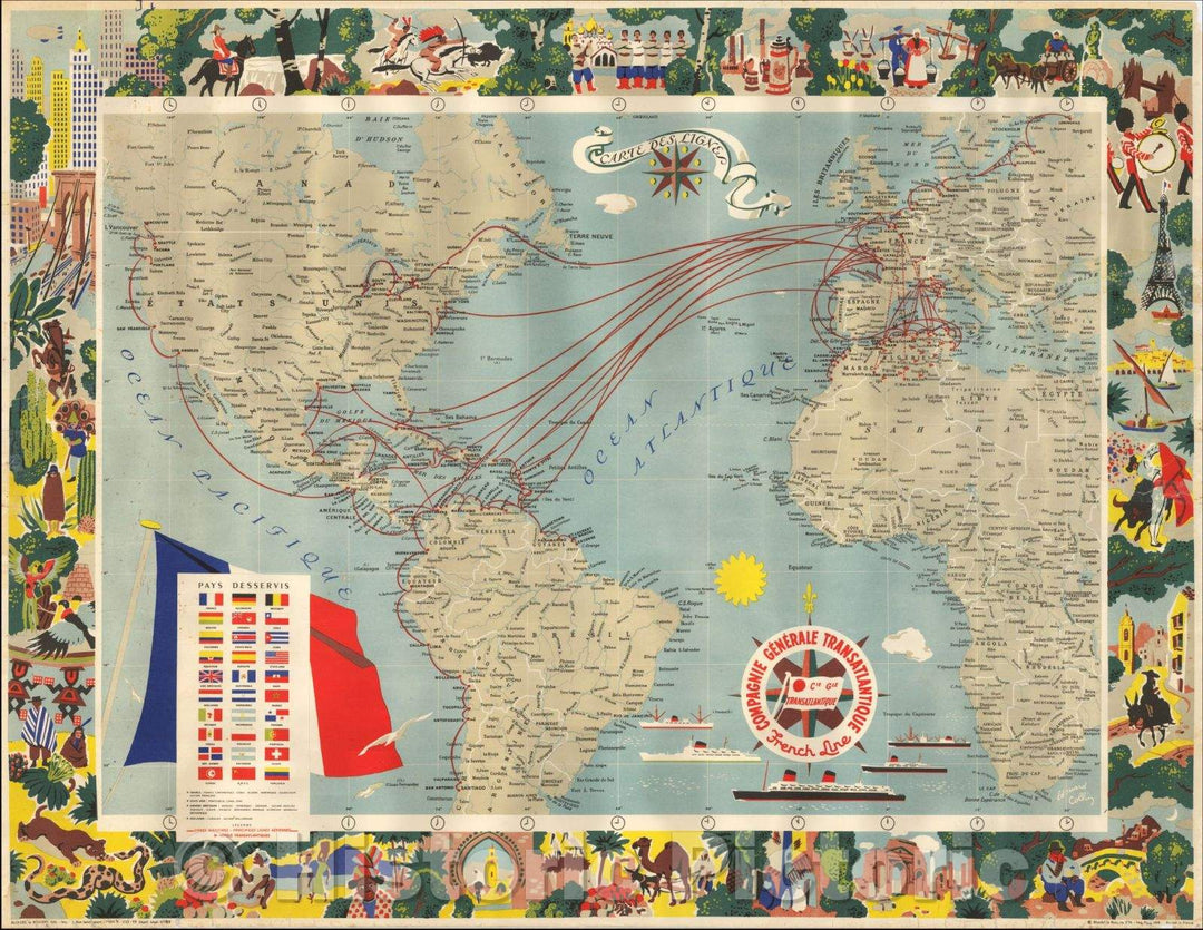 Historic Map - Carte Des Lignes - Compagnie Generale Transatlantique Frenc :: French Line between Europe and the Americas, 1959 - Vintage Wall Art