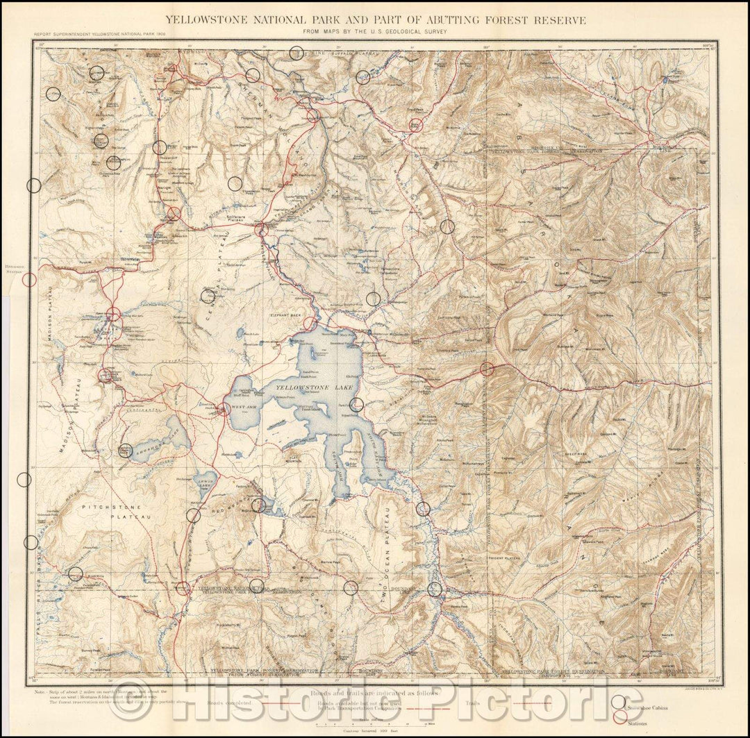 Historic Map - Yellowstone National Park and Part of Abutting Forest Reserve From Maps, 1906, Julius Bien - Vintage Wall Art