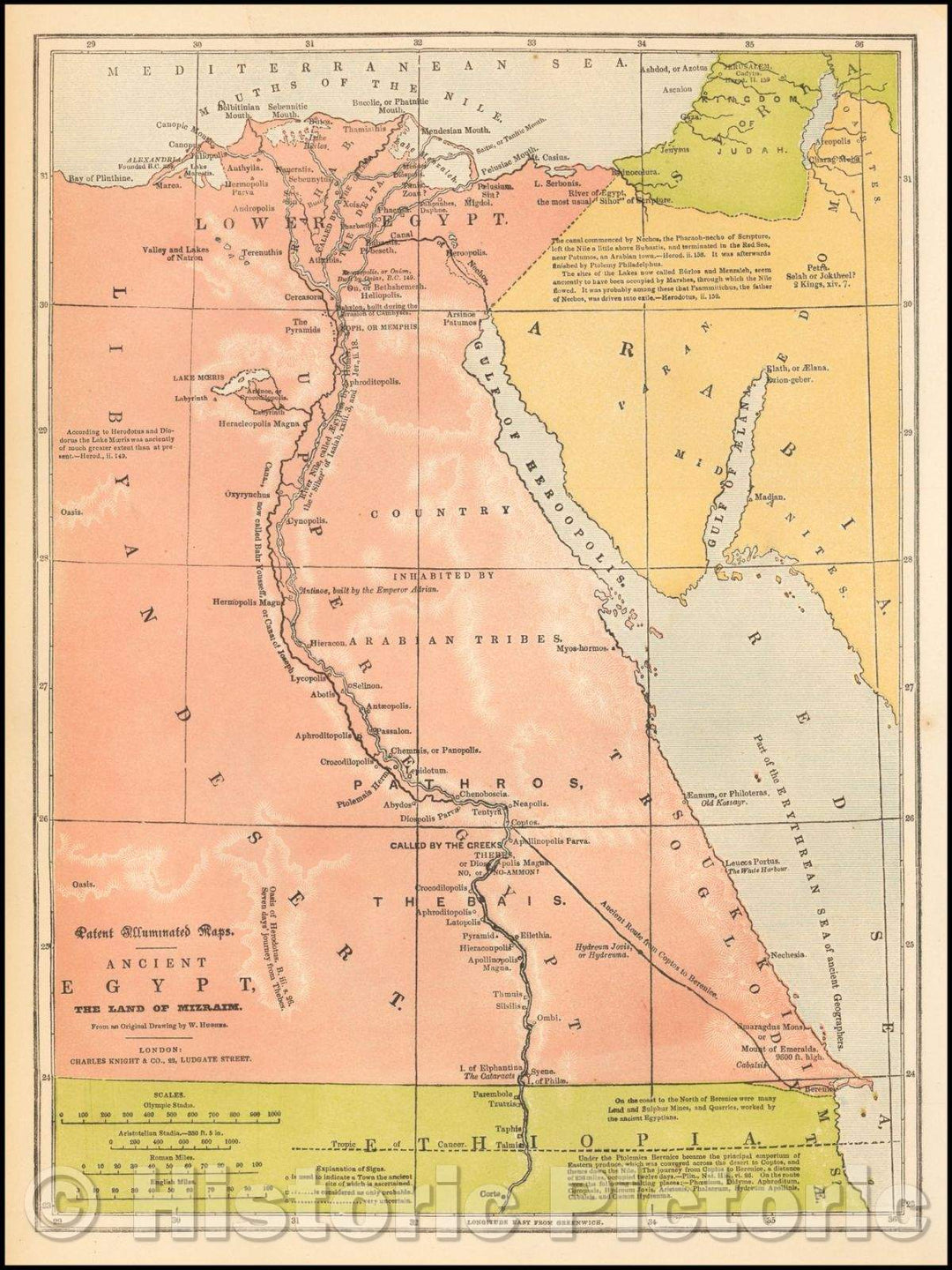 Historic Map - Patent Illuminated Maps - Ancient Egypt, The Land of Mizraim, From an Original Drawing, 1840, Charles Knight & Co. - Vintage Wall Art