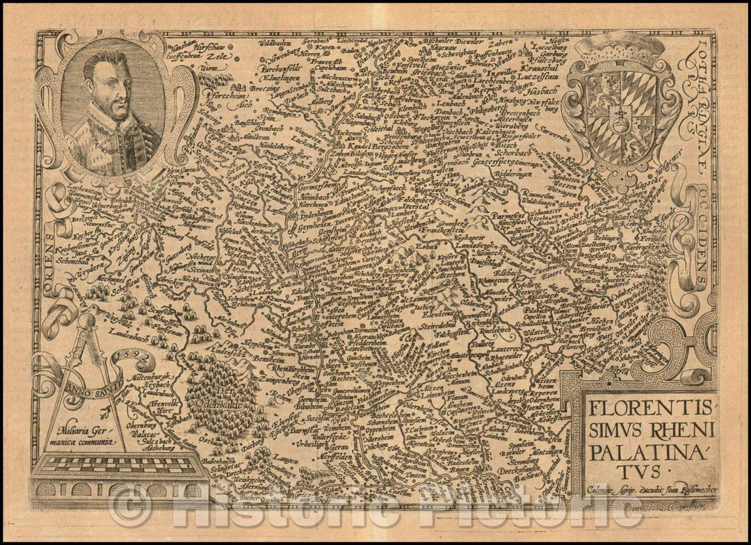 Historic Map - Florentissimus Rheni Palatinatus/Map of the Rhine Palatinate Region of Germany, oriented with South, 1592, Matthias Quad - Vintage Wall Art