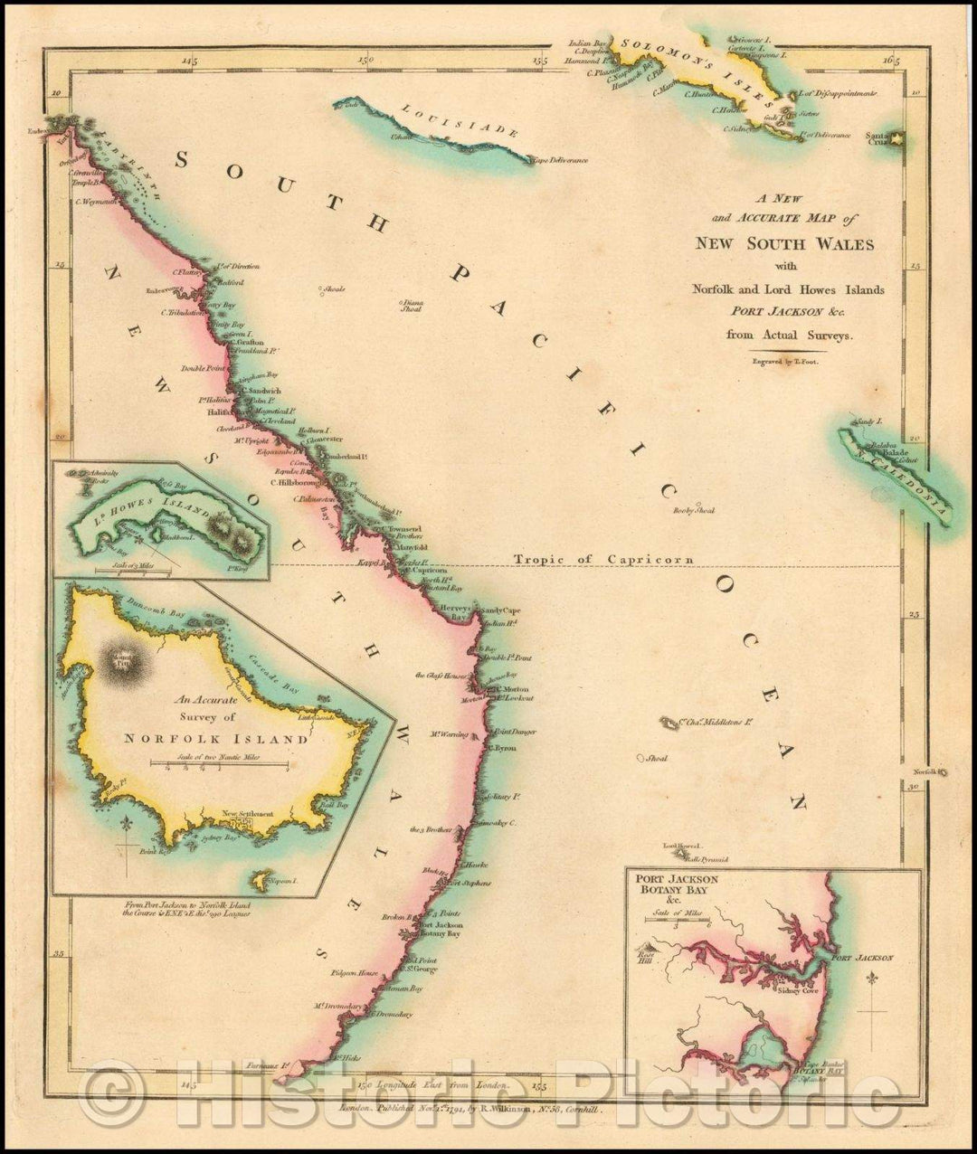 Historic Map - A New and Accurate Map of New South Wales with Norfolk and Lord Howes Islands Port Jackson, from Acutal Surveys, 1794, Robert Wilkinson - Vintage Wall Art