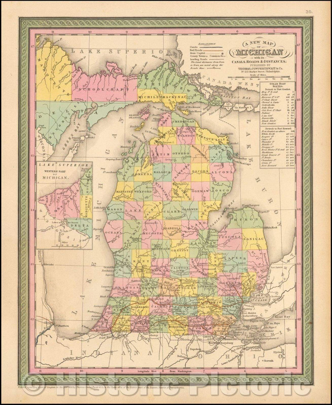 Historic Map - Michigan with its Canals, Roads & Distances, 1852, Thomas Cowperthwait & Co. - Vintage Wall Art