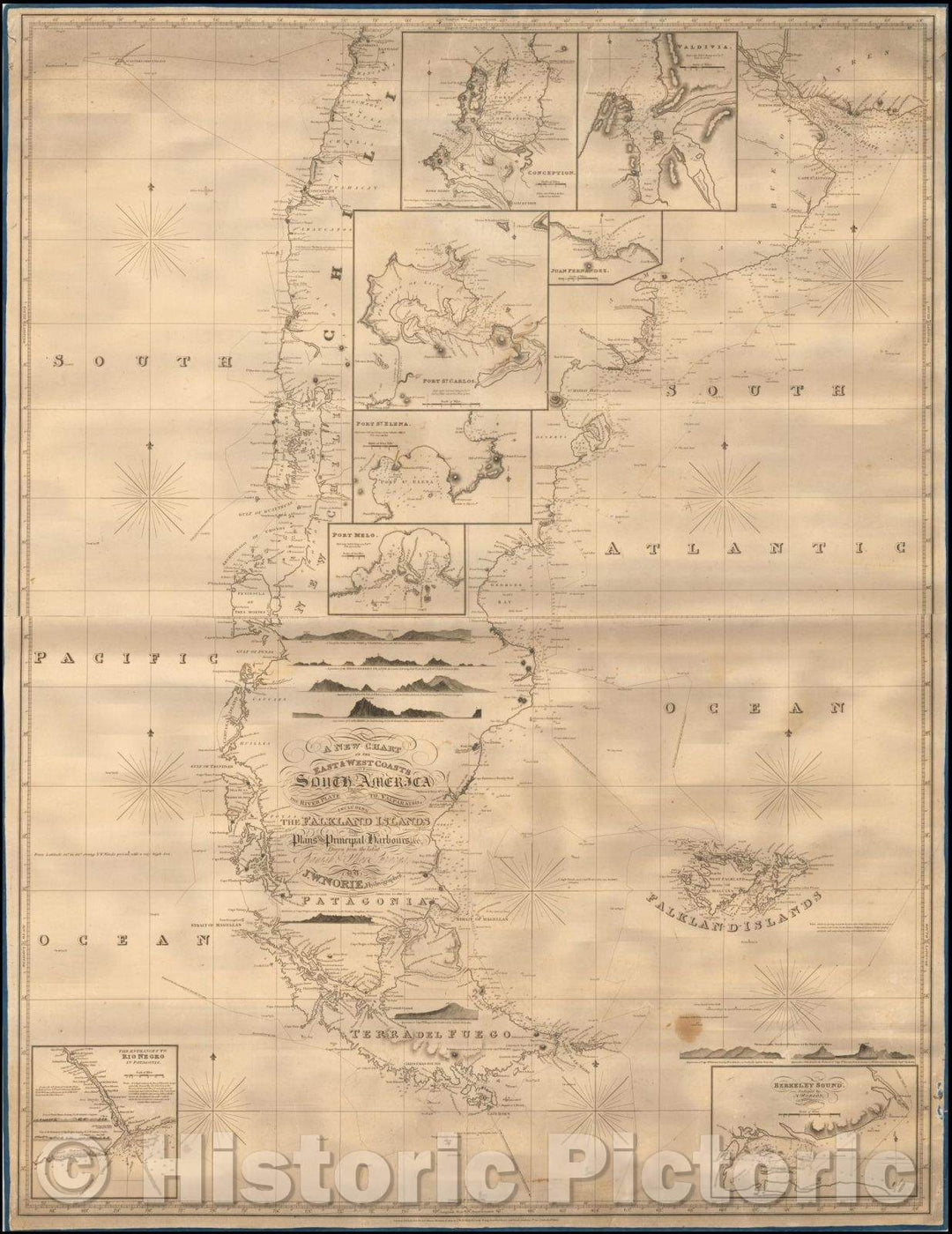 Historic Map - A New Chart of the East & West Coasts of South America from the River Plate to Valparaiso including the Falkland Islands, 1822 - Vintage Wall Art